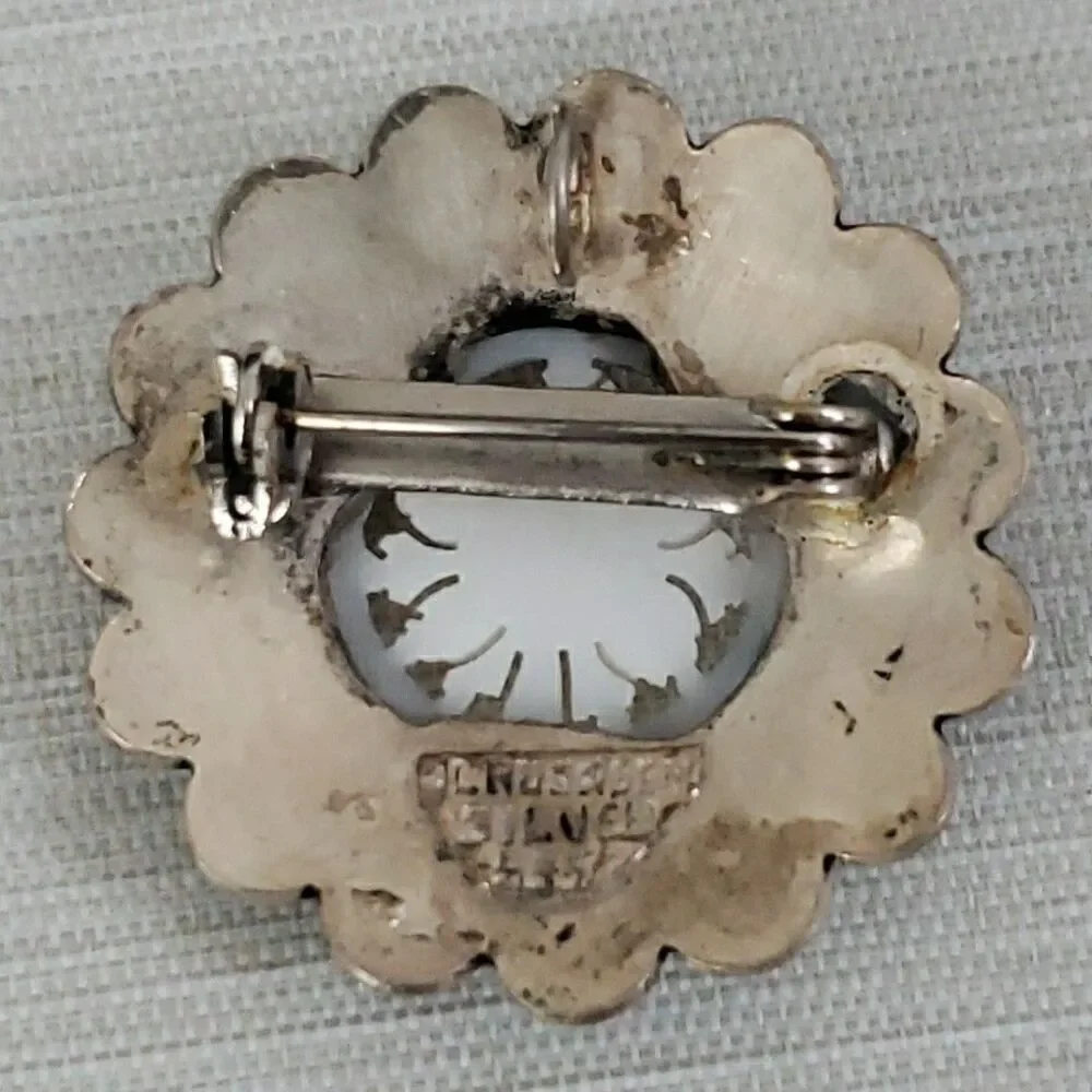 Vintage 935 Silver Jerusalem Carved Mother Of Pearl Flower Brooch Pin Pendant